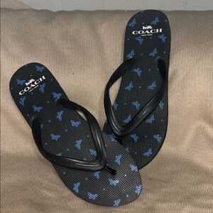 EUC Coach Black Flip Flops with Blue Butterfly Design